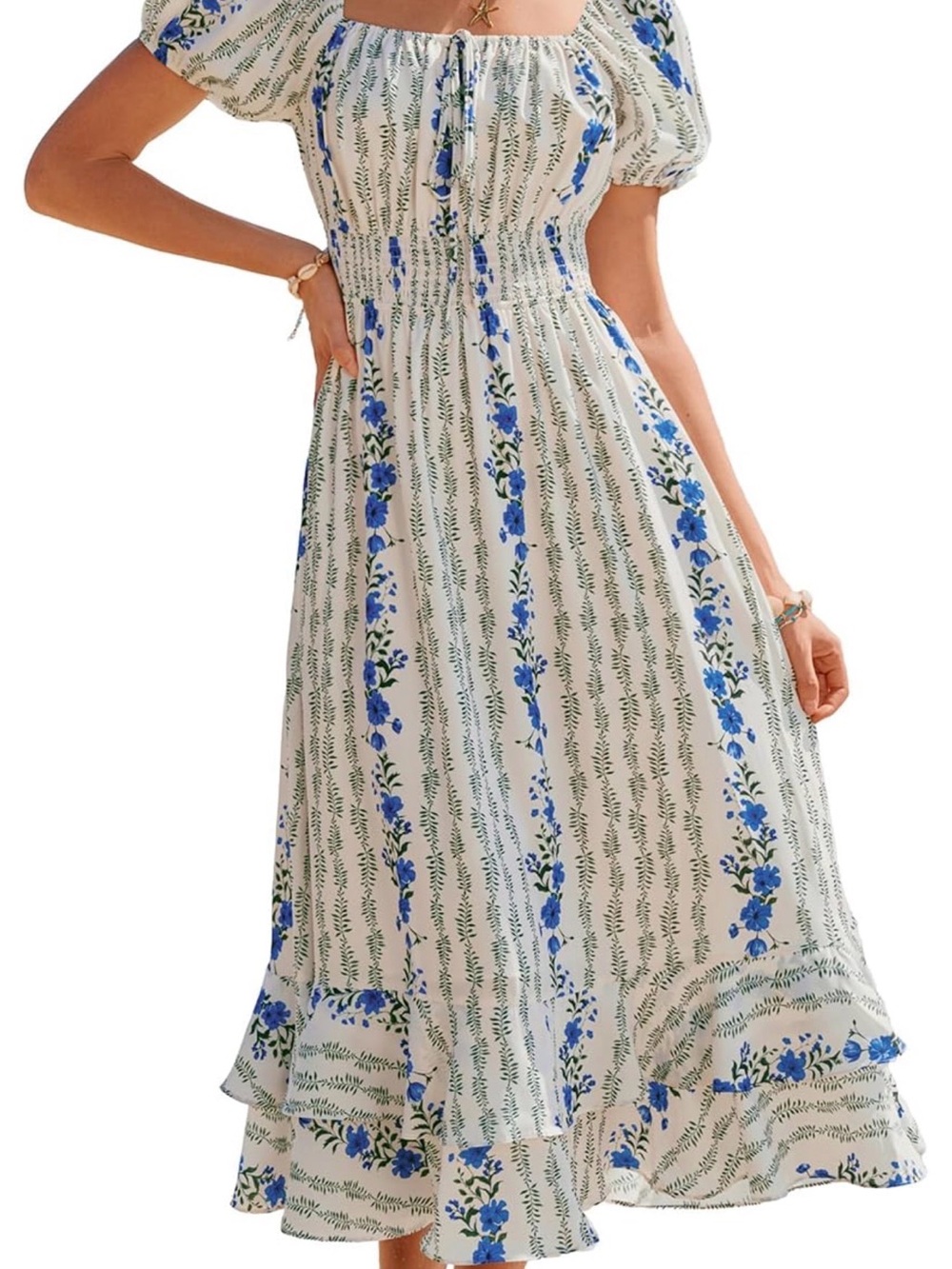 Boho Blue Floral Puff-Sleeve Midi Dress